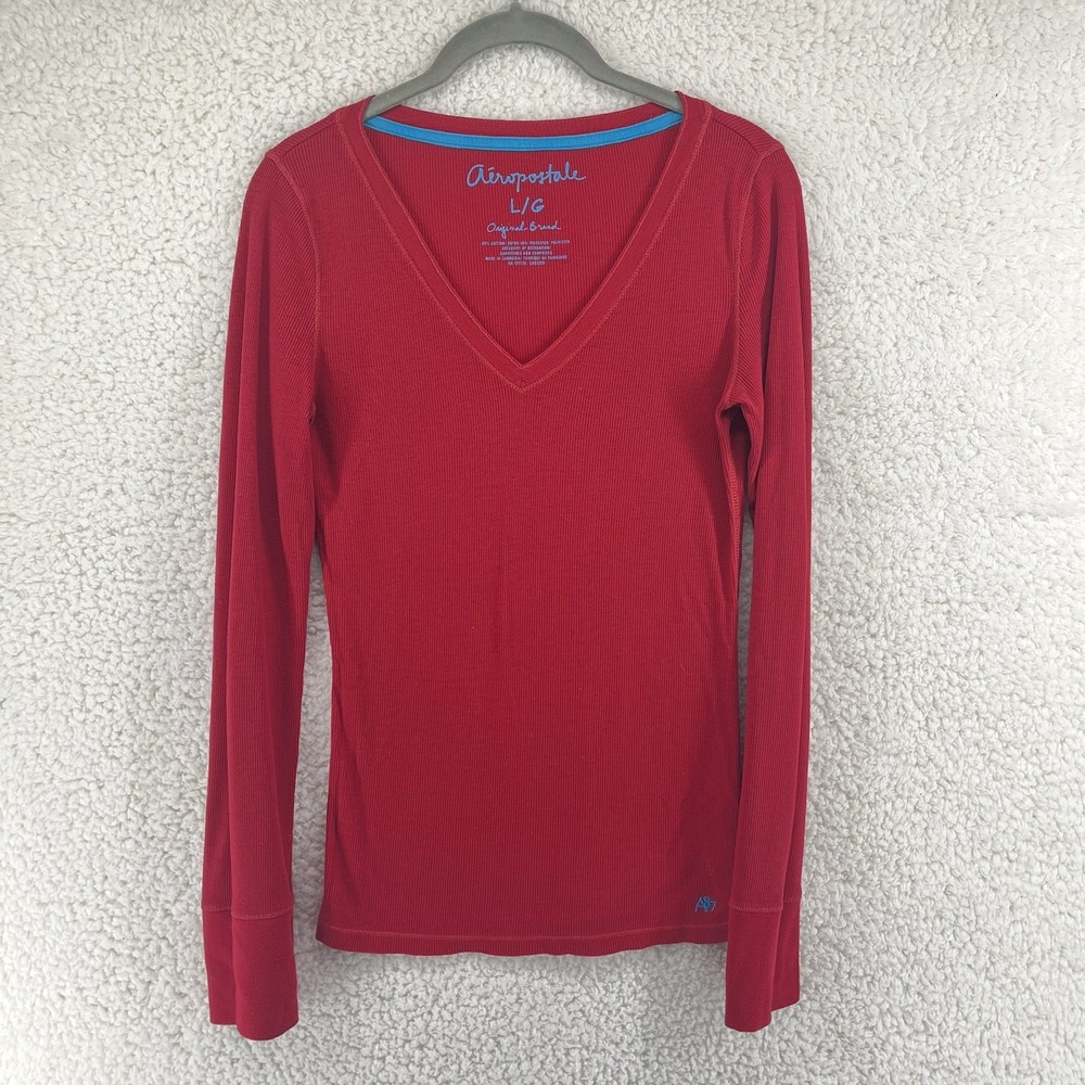 Vintage Aeropostale Red Long Sleeve Y2K Thermal V-Neck Top Women's Size Large